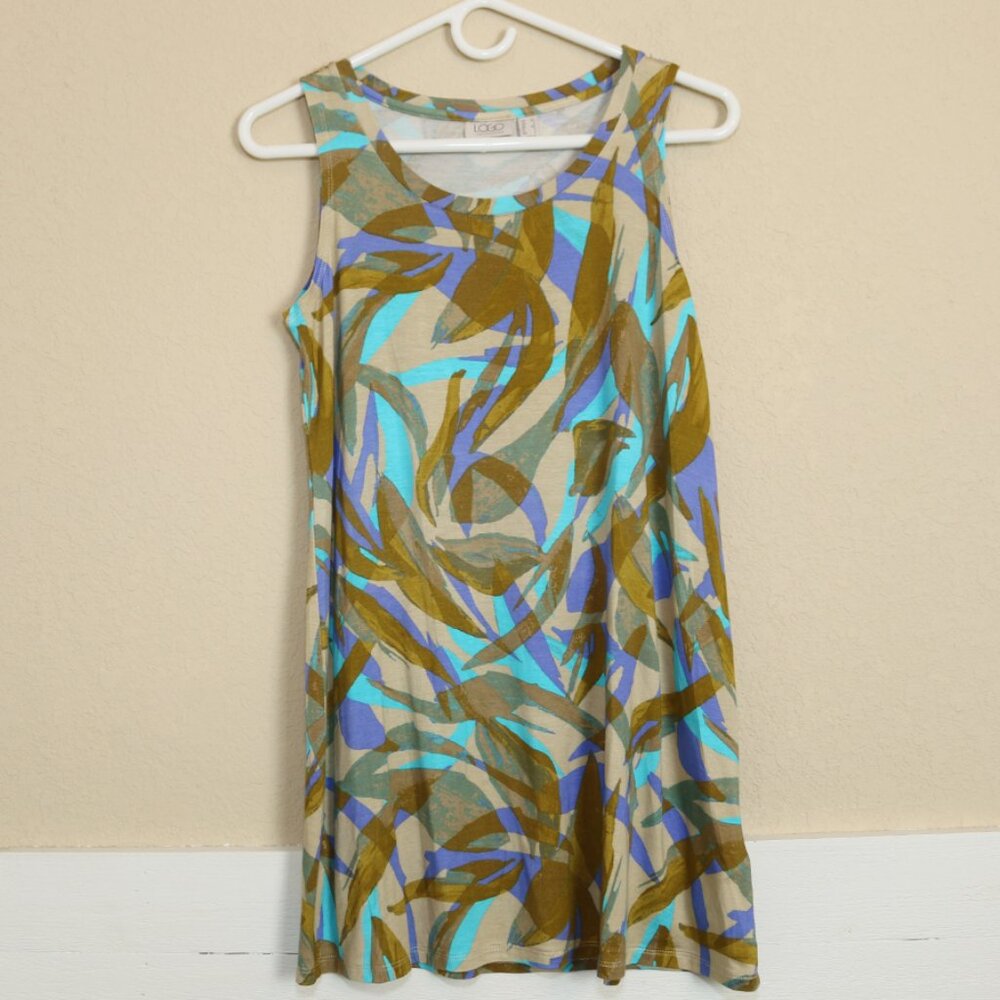 LOGO Lori Goldstein Jersey Knit Tunic Tank Print Green Blue Tropical Size XS